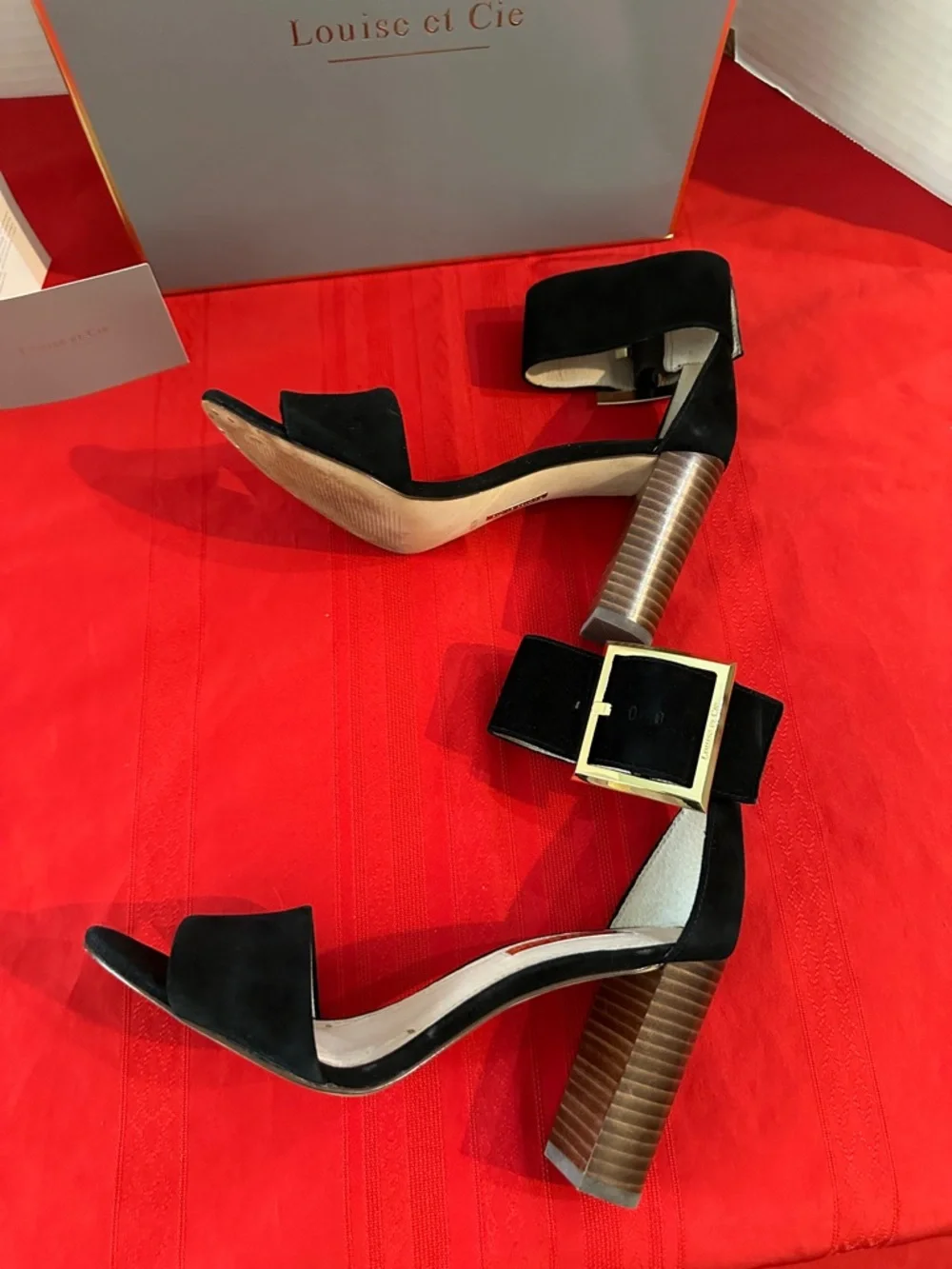 Louise et Cie Black Suede Ankle-Strap Block Heels with Gold Buckle Size 6